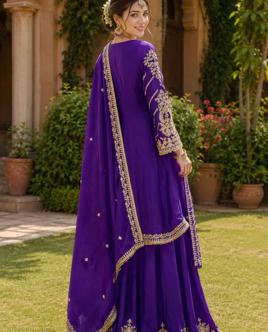 PURPLE - Embroidered and Thread Work Chinon Readymade Salwar Suit In Purple for Ceremonial